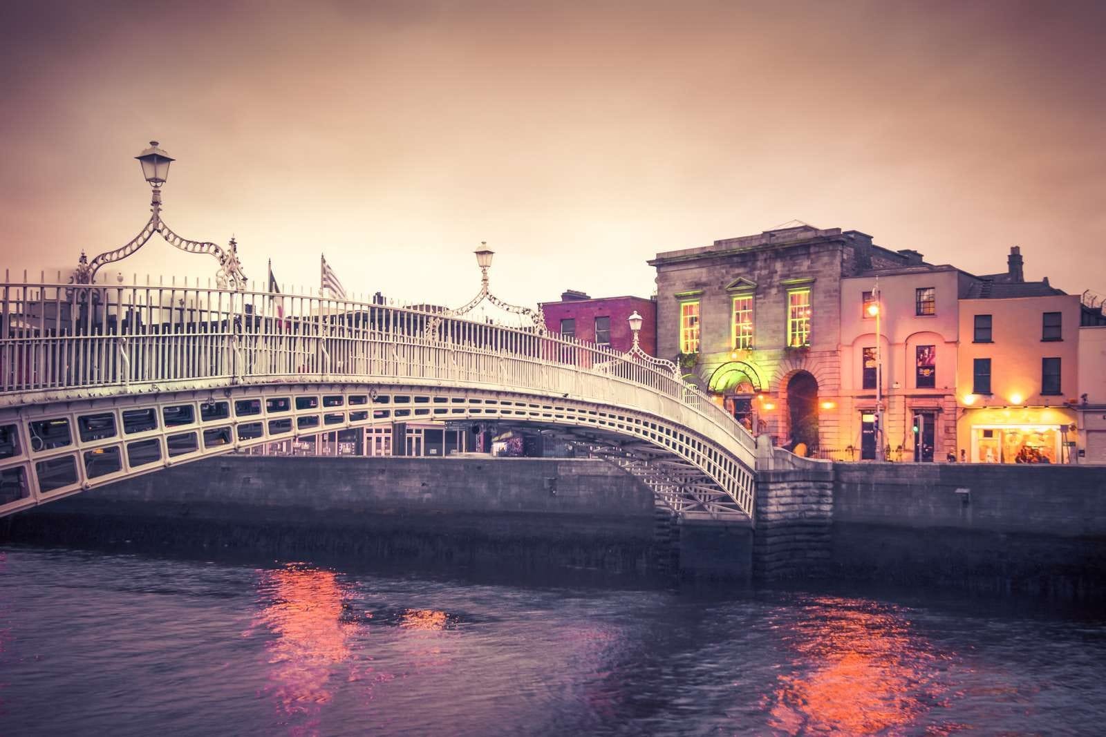 Dublin Ireland penny Bridge and waterfront in Dublin
